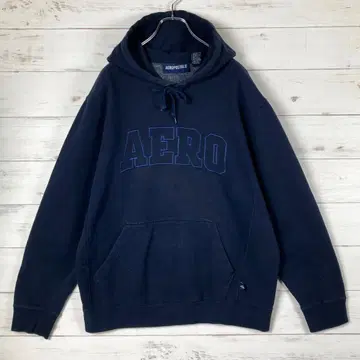 에어로포스텔 풀오버 후드티 빅 로고 자수 코튼 혼방 네이비 M