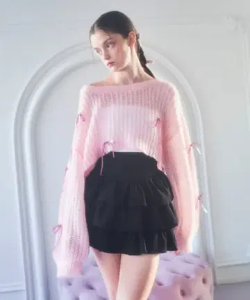 Lovilyn 라비린 시스루 니트 반짝이 리본 니트 핑크