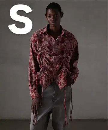 [ GRANCY ] 셔링 디자인 블리치 체크 셔츠 빨간색 레드 S 사이즈