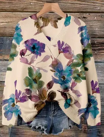 니트 플라워 프린트 긴팔 니트 꽃 올 패턴 보타니컬 아이보리