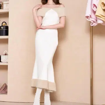 다리치 바이컬러 오프숄더 롱 원피스 보아