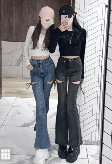 GRL 사이드 컷 아웃 리본 플레어 데님 팬츠 cu578