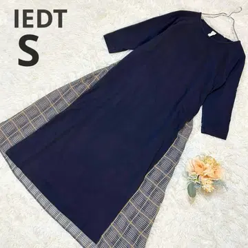 [ IEDIT ] 도킹 원피스 롱 기장 체크 무늬 플리츠 네이비 S