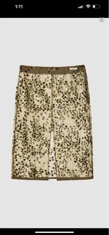 세실리 반센 비즈 장식 베이지 타이트 스커트 무릎 기장