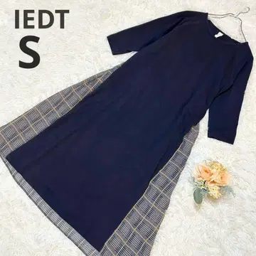 [ IEDIT ] 도킹 원피스 롱 기장 체크 무늬 플리츠 네이비 S