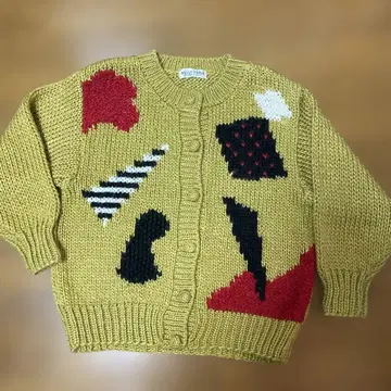 BELLE POULE 쇼와 레트로 아트 니트 가디건 겨자색