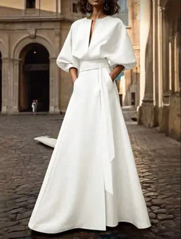 화이트 벌룬 슬리브 롱 원피스