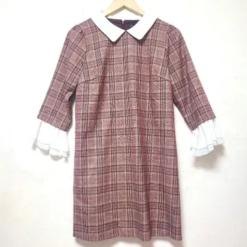 에블린 소매 플레어 원피스 레드 체크 카라 부착