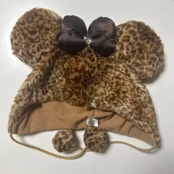 레오파드 무늬 퍼 모자 (리본 포함)