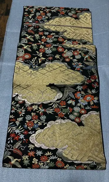 후쿠로 오비 순수 실크 육통 패턴 금실 블랙