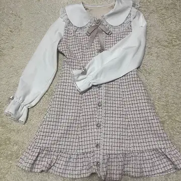 빅 둥근 카라 비쥬 리본 트위드 원피스