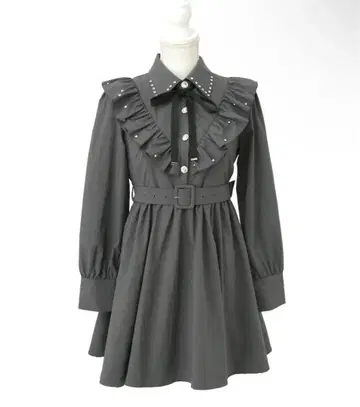 비쥬 옷깃 프릴 개더 셔츠 원피스 차콜 그레이 3L