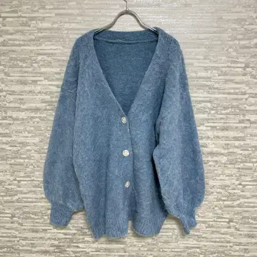 주노아 루즈핏 V넥 퍼지 니트 가디건 파랑 긴팔