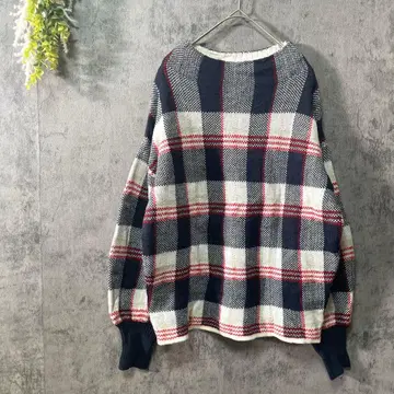 허니서클 로즈 긴팔 니트 스웨터 체크 무늬 크루넥 아메카지