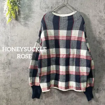 허니서클 로즈 긴팔 니트 스웨터 체크 무늬 크루넥 아메카지