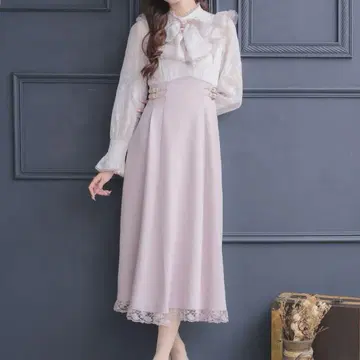 쿠튀르 바이 로지타 레이시 도킹 긴팔 롱 원피스 핑크