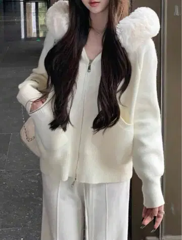 SHEIN 후드 부착 니트 스웨터 가디건 퍼 옷깃 애프리콧 M