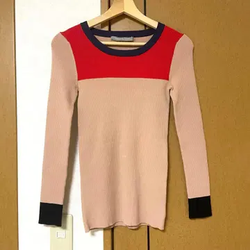 컨디션 최상 theory luxe 긴팔 리브 니트 배색 핑크 베이지