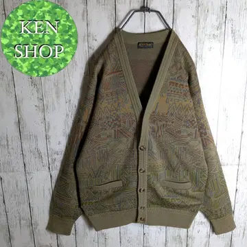 니트 가디건 카키 레트로 디자인 올 패턴 빈티지 구제 의류