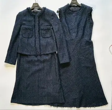 새상품급 아나이 3업 원피스 노카라 트위드 네이비 38