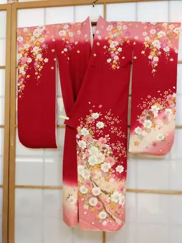 빨간색 꽃무늬 후리소데, 성인식, SS 사이즈