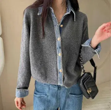 데님 절개 니트 가디건 레이어드 스타일 상의 류미에 같은 형태