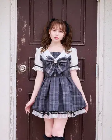 리즈리사 LIZ LISA 체크 세일러 셋업 그레이