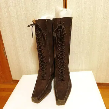 키스코 KISCO 브라운 블랙 스웨이드 레이스업 롱 부츠