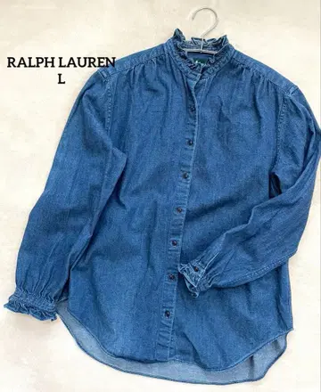 레어 새상품급 랄프 로렌 L 프릴 데님 셔츠 블라우스 인디고