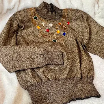 새상품급 쇼와 레트로 비쥬&참 포함 라메 니트 골드