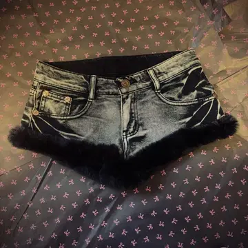 헤이세이 갸루 Y2K 퍼 달린 데님 숏팬츠 그레이 레어