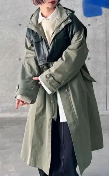 PAGE BOY 밀리터리 롱 코트 가죽 베스트 세트 카키 F