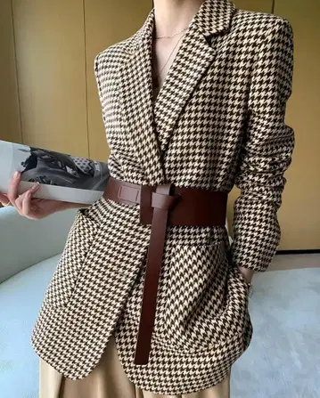 하운드 투스 패턴 테일러드 자켓 벨트 포함