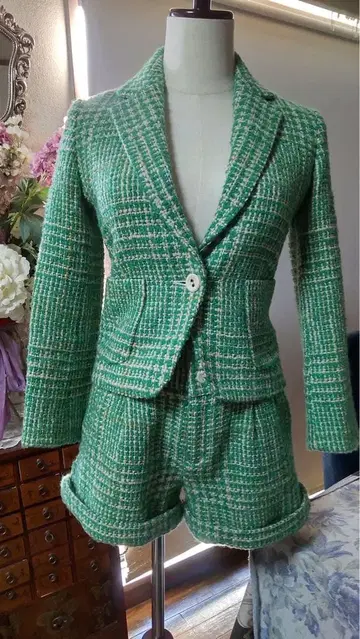 그린 체크 무늬 트위드 정장 세트