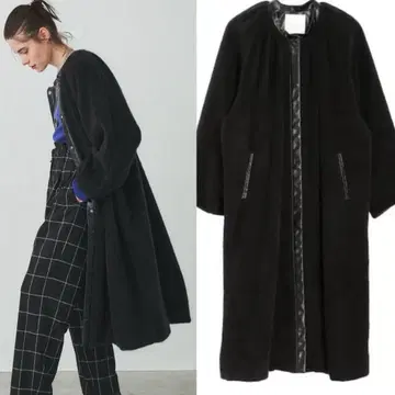 [ 미사용급 ] 정가 3.9만 엘렌딕 에코 헤어 가죽 트리밍 코트 F