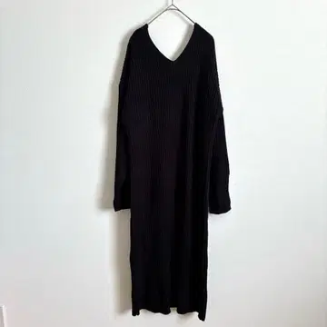 그레일 리브 니트 원피스 롱 기장 긴팔 V넥 깔끔한 캐주얼