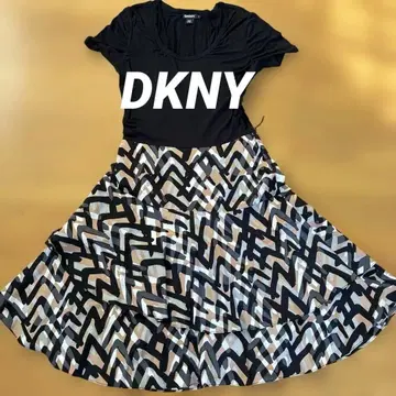 DKNY 이소재 절개 티어드 원피스 기하학 패턴 블랙 S 클리닝 완료