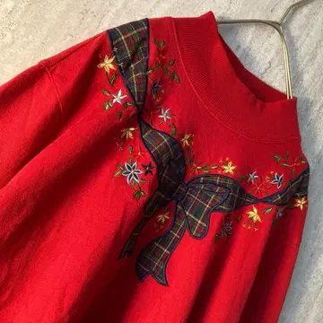 빈티지 맨투맨 트레이닝복 꽃 자수 리본 자수 레트로 레드