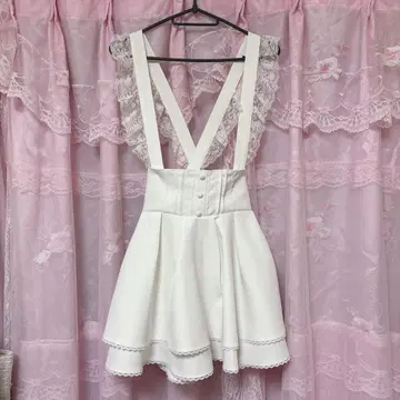 Honey Cinnamon 서스펜더 하이웨스트 턱 스커트 화이트 양산형