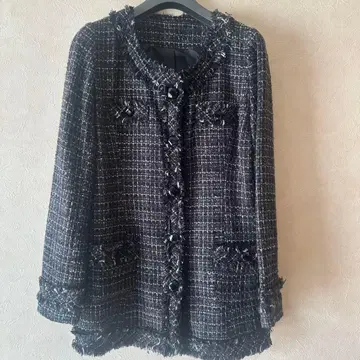 노카라 블랙 화이트 트위드 자켓