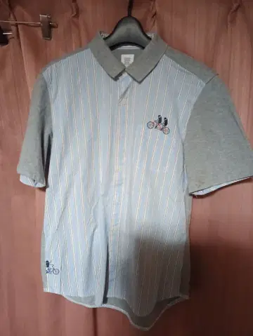 graniph 그라니프 자전거 자수 반팔 코튼&니트 셔츠 파랑과 그레이