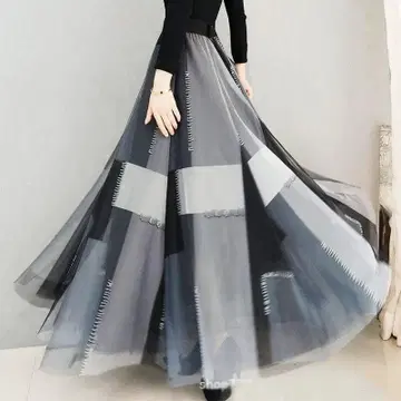 체크 무늬 볼륨 샤샤 스커트 믹스 패치워크 롱 스커트 튤