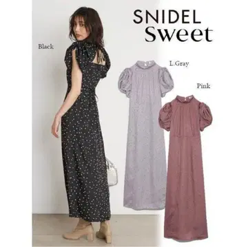 Snidel 블랙 도트 퍼프 슬리브 맥시 드레스