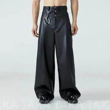 FRKM SCD PU 가죽 더블 벨트 루프 와이드 팬츠