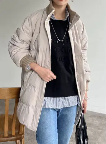 새상품급 리브 디자인 롱 다운 자켓 베이지 프리 사이즈