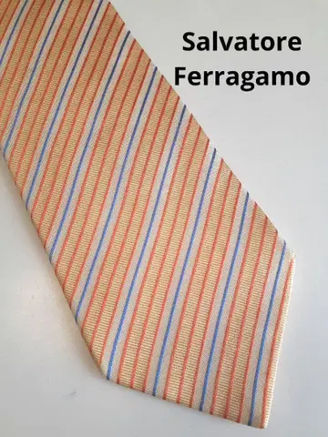 살바토레 페라가모 스트라이프 디자인 넥타이 오렌지 파랑