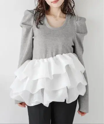 AMELY 벌룬 프릴 도킹 상의 긴팔 그레이