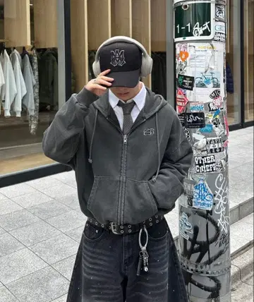 ADAMASTE 그레이 더블 지퍼 숏 후디