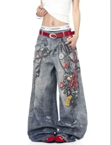 Y2K BLACKLIST MIX 체인 디지털 FAKE 프린트 데님