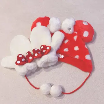미니 빨간색 도트 짱 장갑 복슬복슬 팬캡 미튼 세트